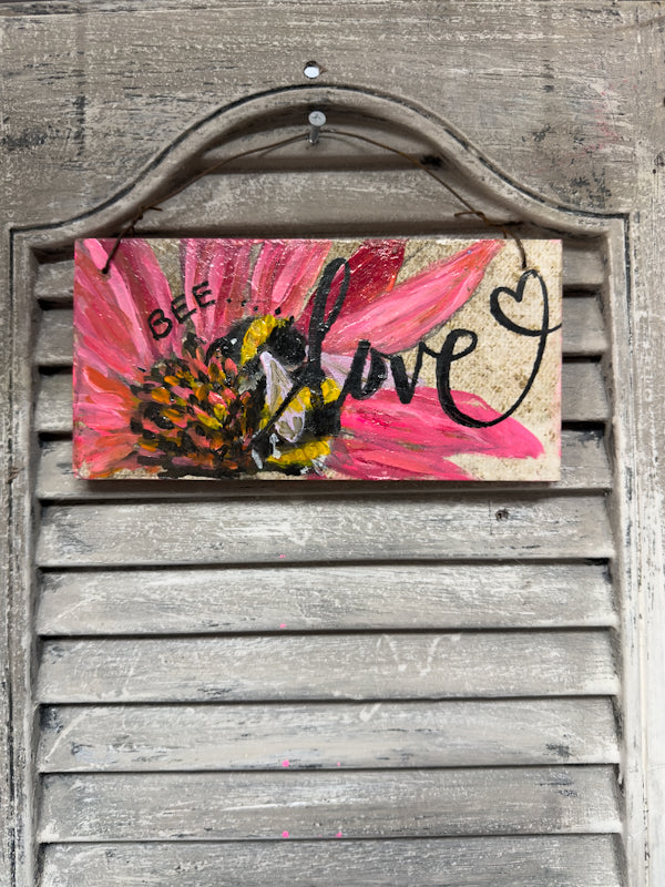 Bee Plaques - Bee Love - 4 x7 wood plaque w/ wire hanger