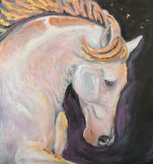 An expressive painting of a horse's head and neck in profile, rendered with soft white, pink, lavender, and gold brushstrokes against a dark black and purple background.