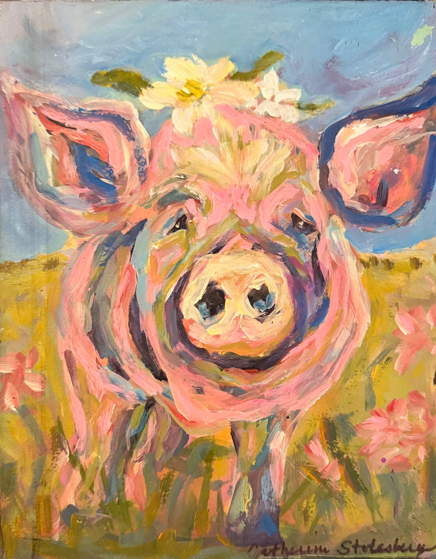 Daisy Pig -8x10 on wood panel